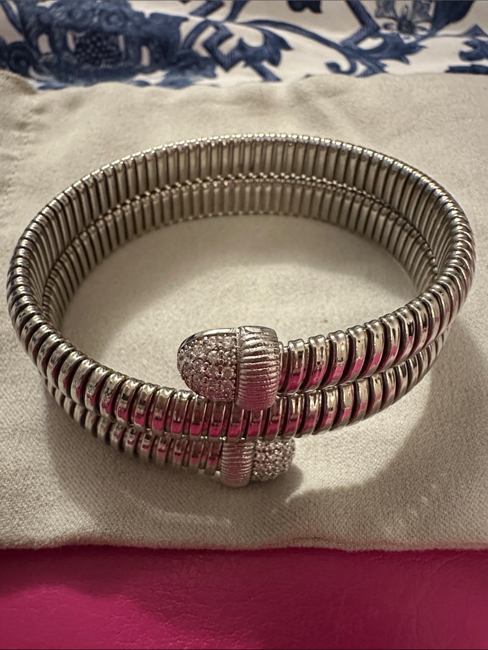 Judith Ripka Double Coil Wrap Bracelet in Silver with Pave Caps